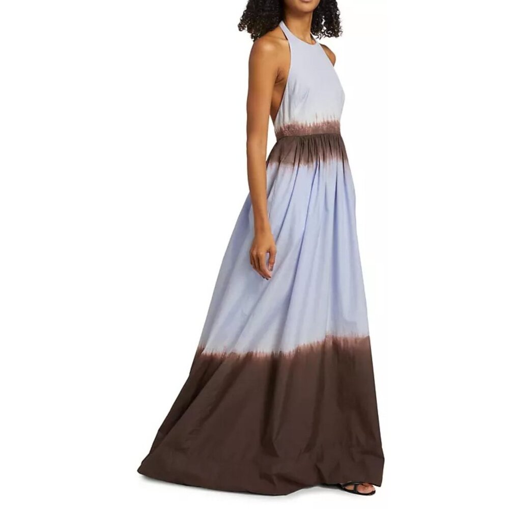 A.L.C. Blair Boho Maxi Dress 10 Brown Blue Dip Dye Halter Open Back MSRP $595